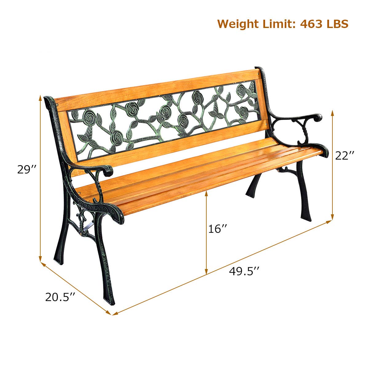 Outdoor Garden Bench with Rose Cast Backrest and Metal Legs K458