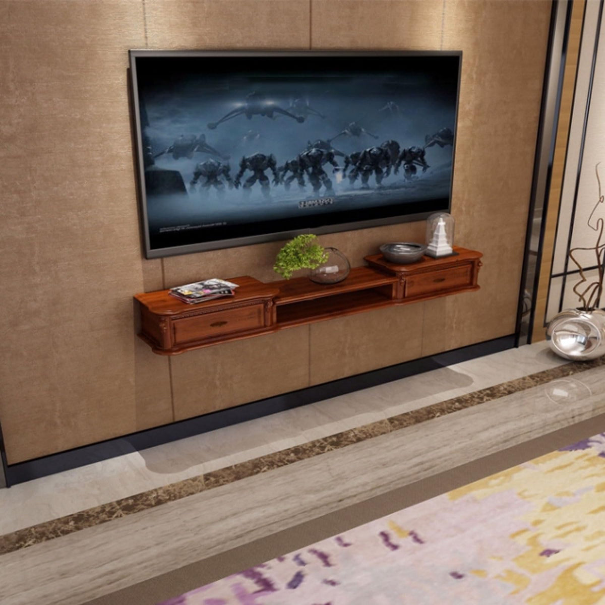 Wall Mounted TV Stand with Drawers and Open Storage Shelf I62702