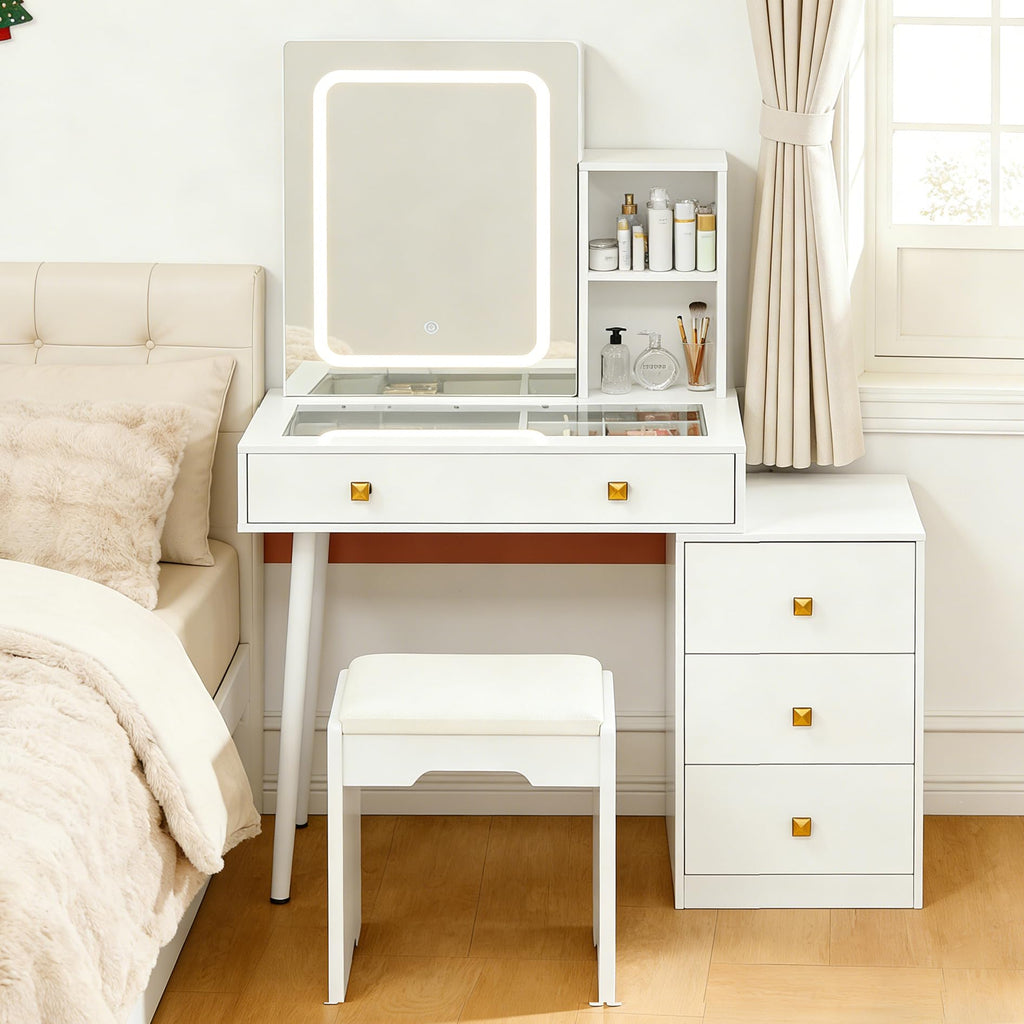 White Vanity Desk with Sliding Mirror and Lights, 4 Drawers, Stool P19857