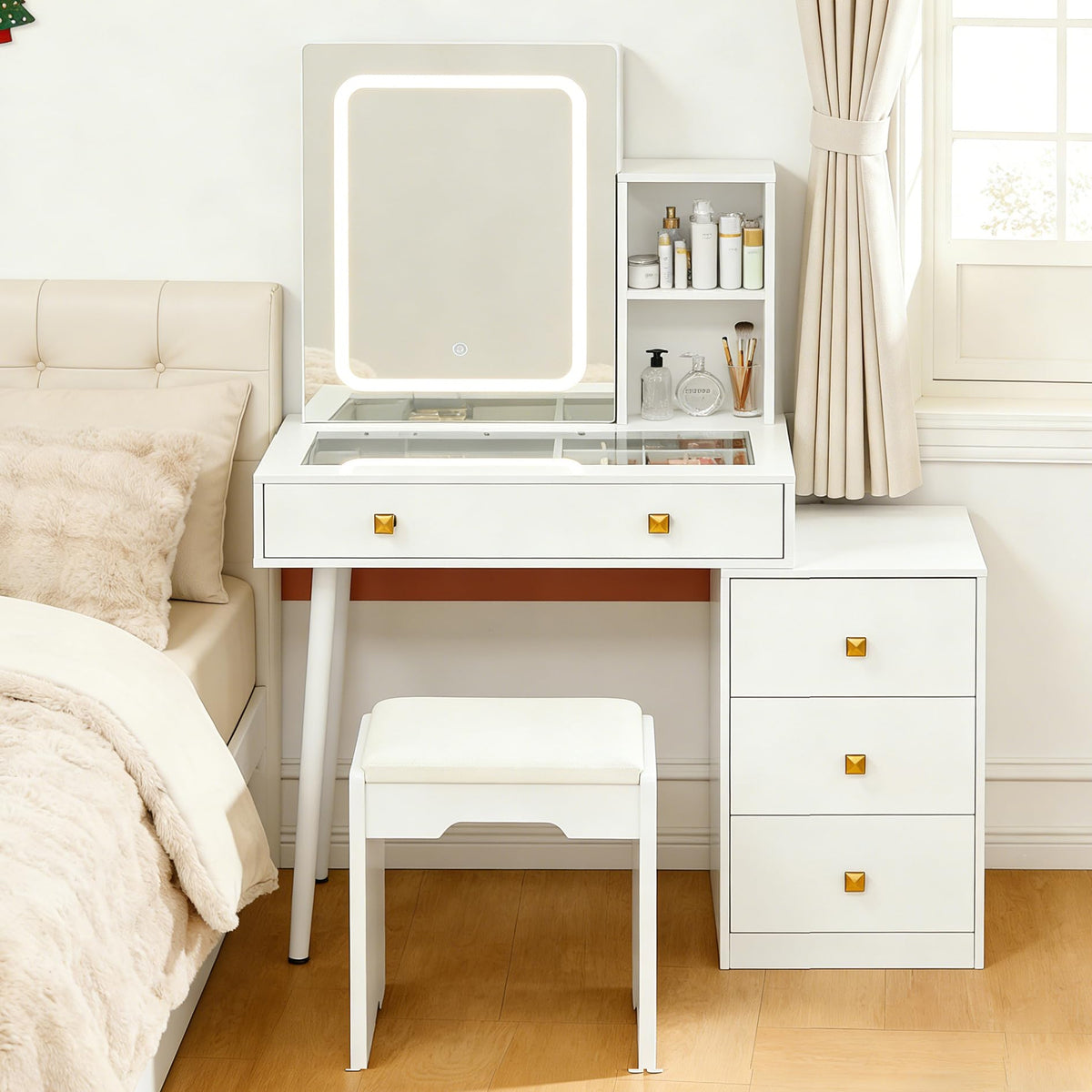 White Vanity Desk with Sliding Mirror and Lights, 4 Drawers, Stool P19857