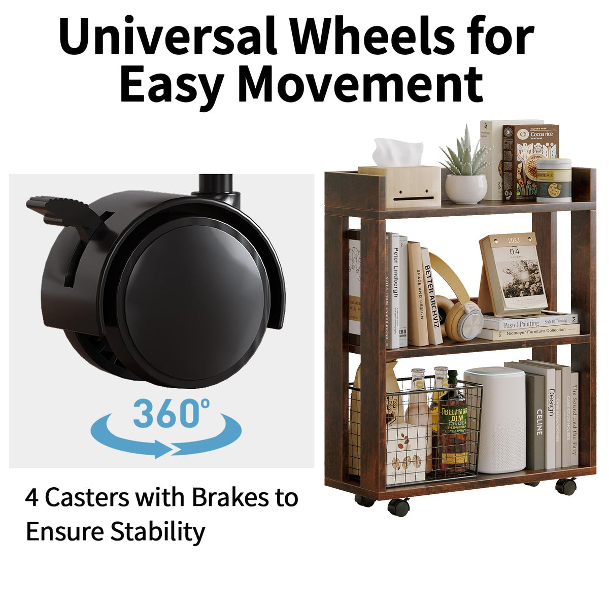3-Tier Small Bookshelf with Wheels B22521