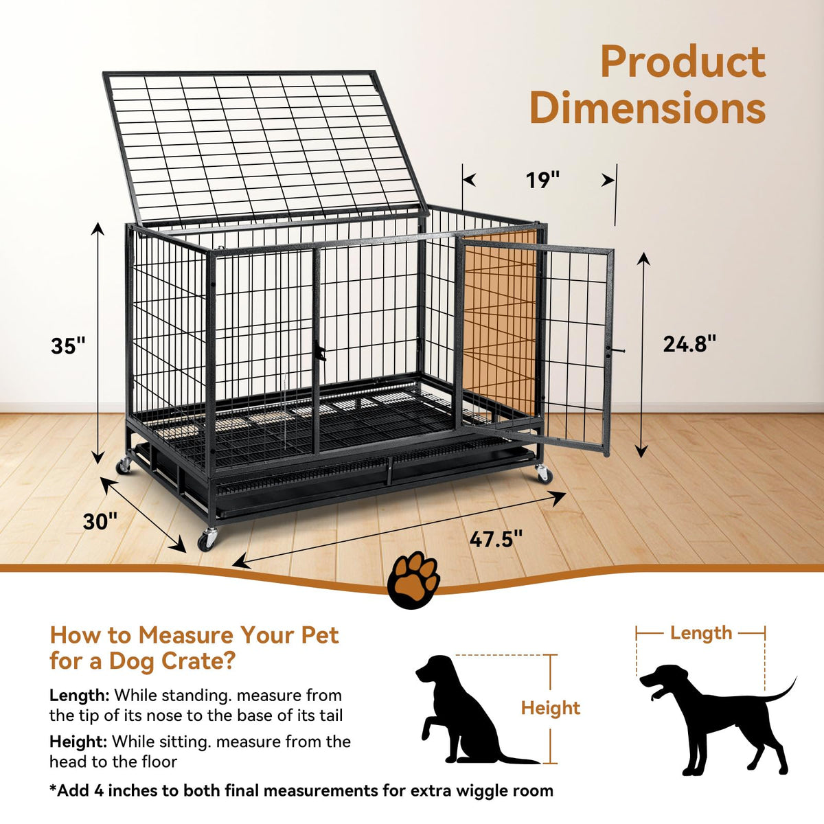 48 inch Wire Dog Crate with Lockable Wheels and Removable Tray B1919