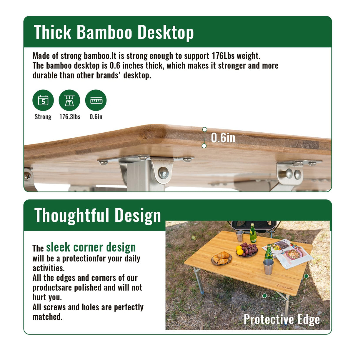 Folding Camping Table Bamboo Adjustable Portable Table U454804