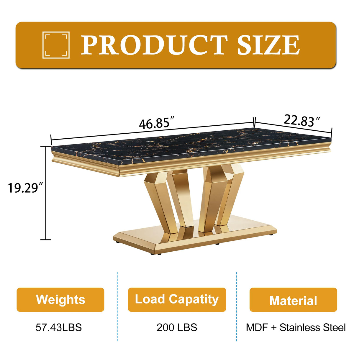 47" Faux Marble Rectangular Coffee Table with Mirrored Finish Stainless Steel Base N900
