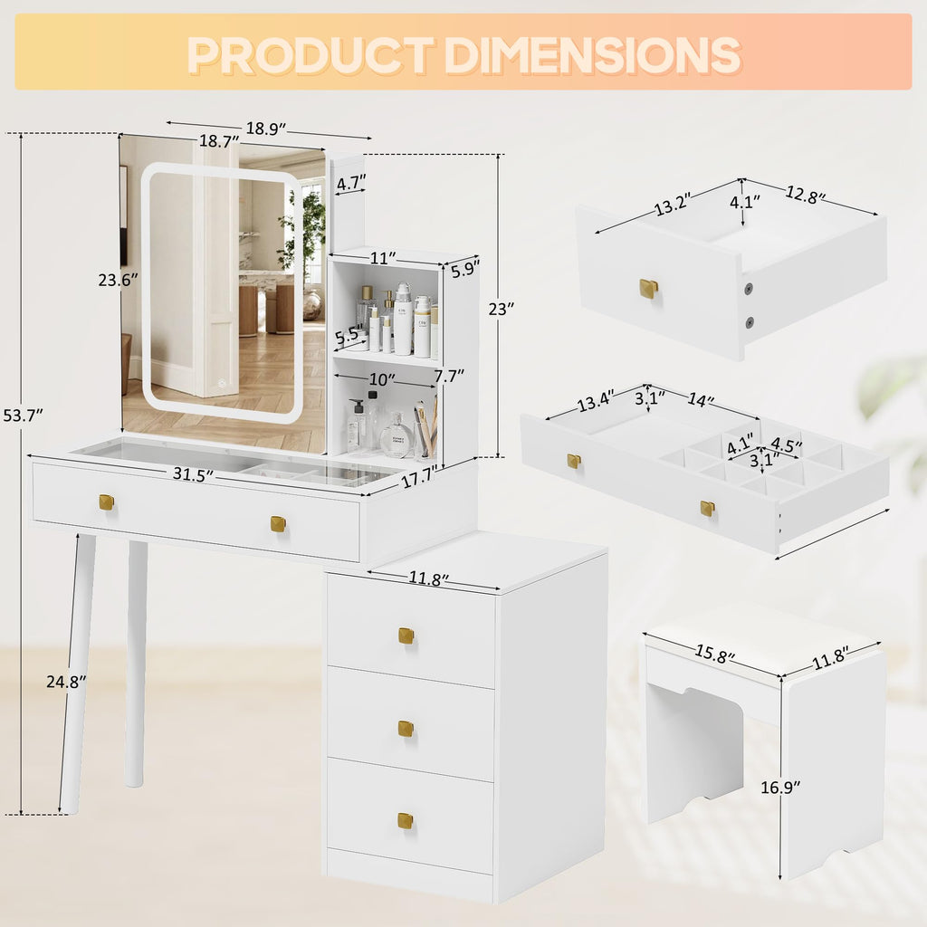 White Vanity Desk with Sliding Mirror and Lights, 4 Drawers, Stool P19857