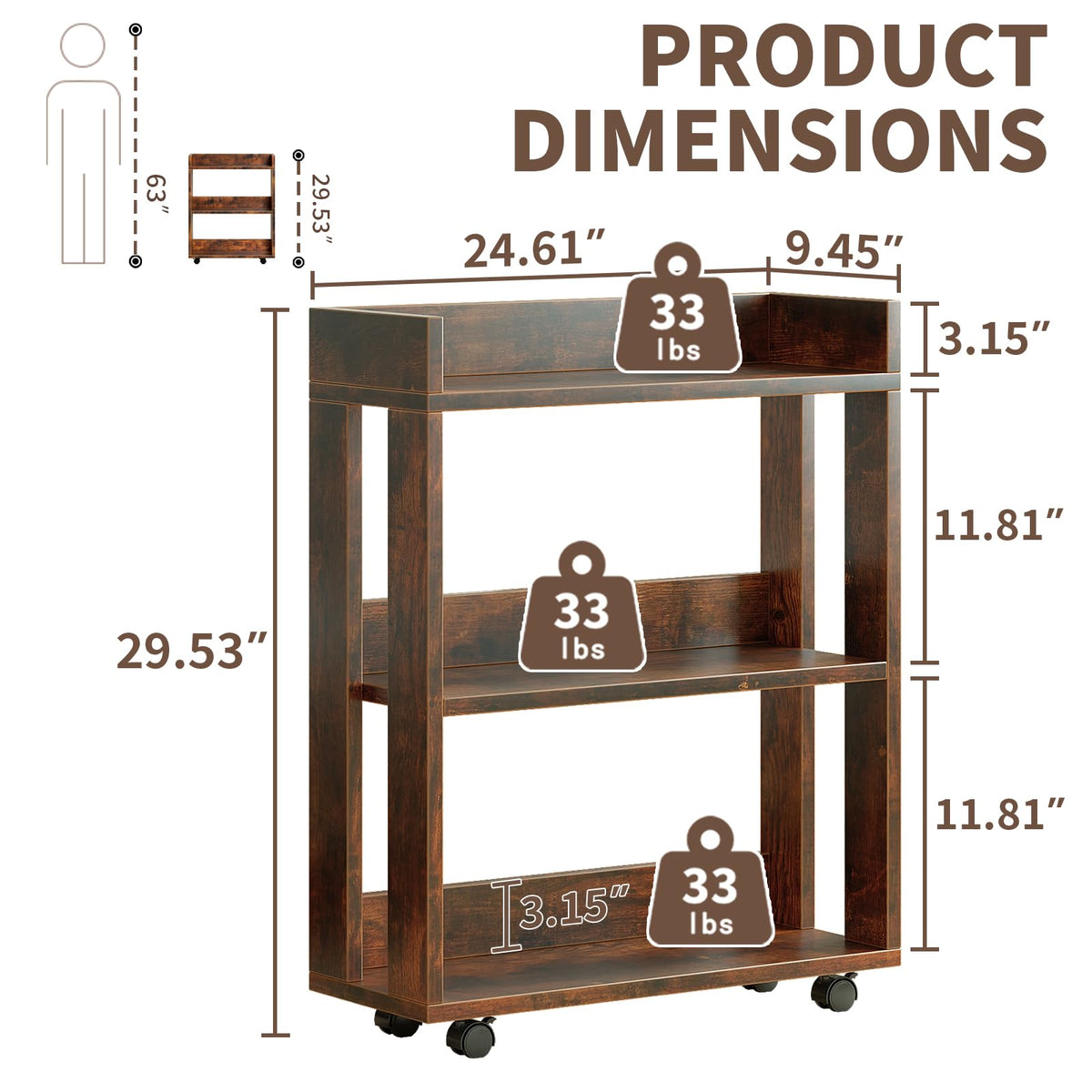 3-Tier Small Bookshelf with Wheels B22521