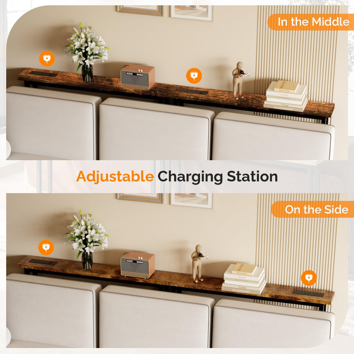 Rustic Brown Narrow Console Table with Power Outlet 2 Pack D2944