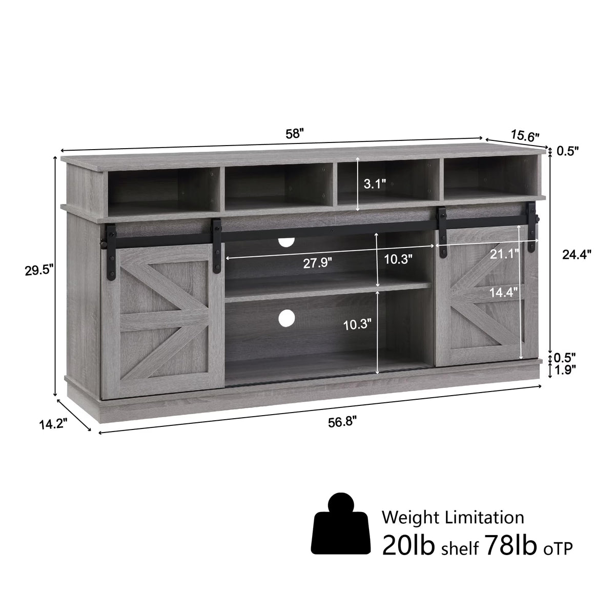 65" Grey TV Stand with Sliding Doors J25234