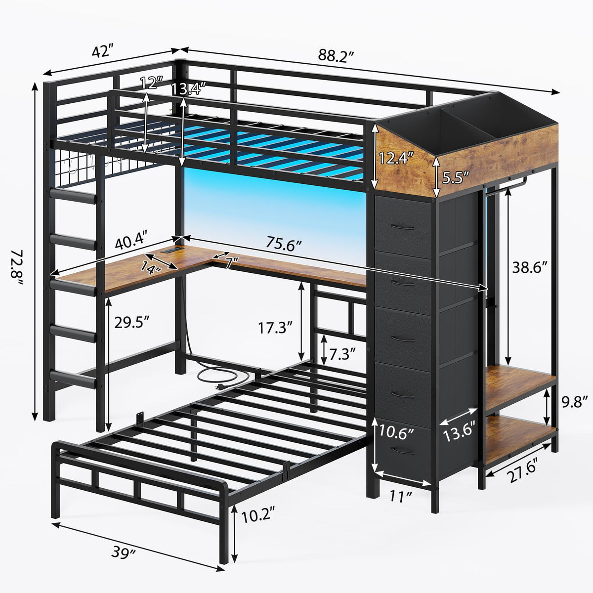 Black L-Shaped Bunk Bed with Desk and Stairs P137
