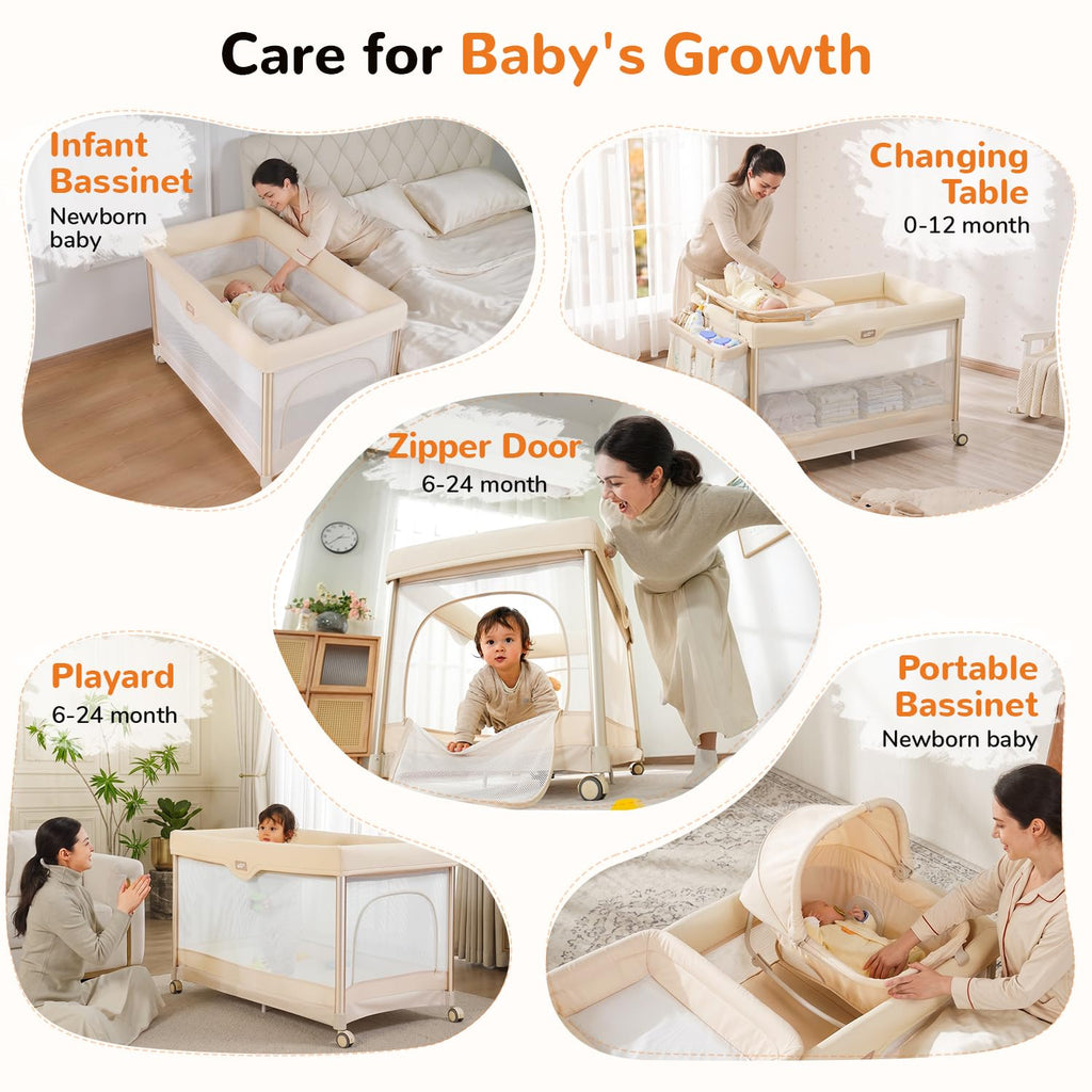 6-in-1 Pack and Play with Bassinet, Portable Playard, Travel Crib with Mattress, Changing Table, Storage Bag & 4 Wheels (Beige) E749358