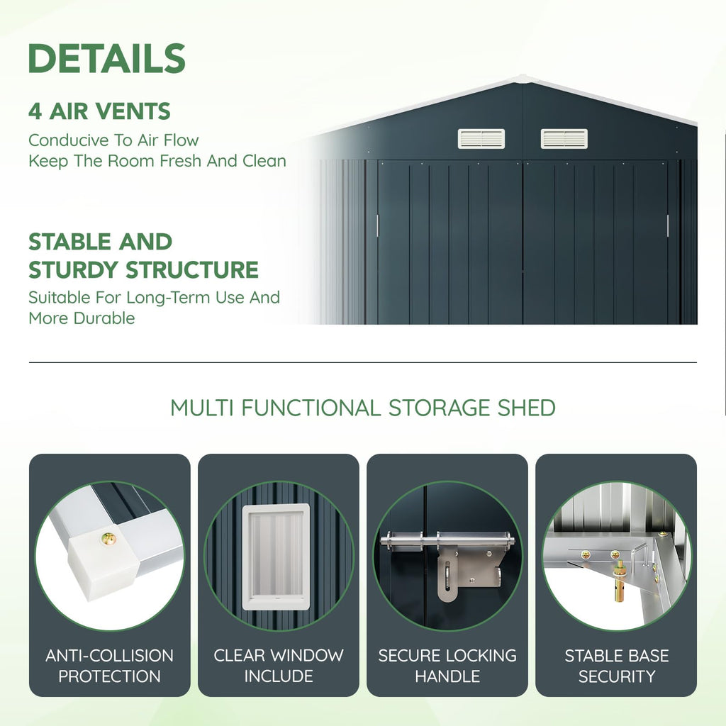 10x12X7.5FT Outdoor Steel Storage Shed with Lockable Doors and Frame Floor D524561