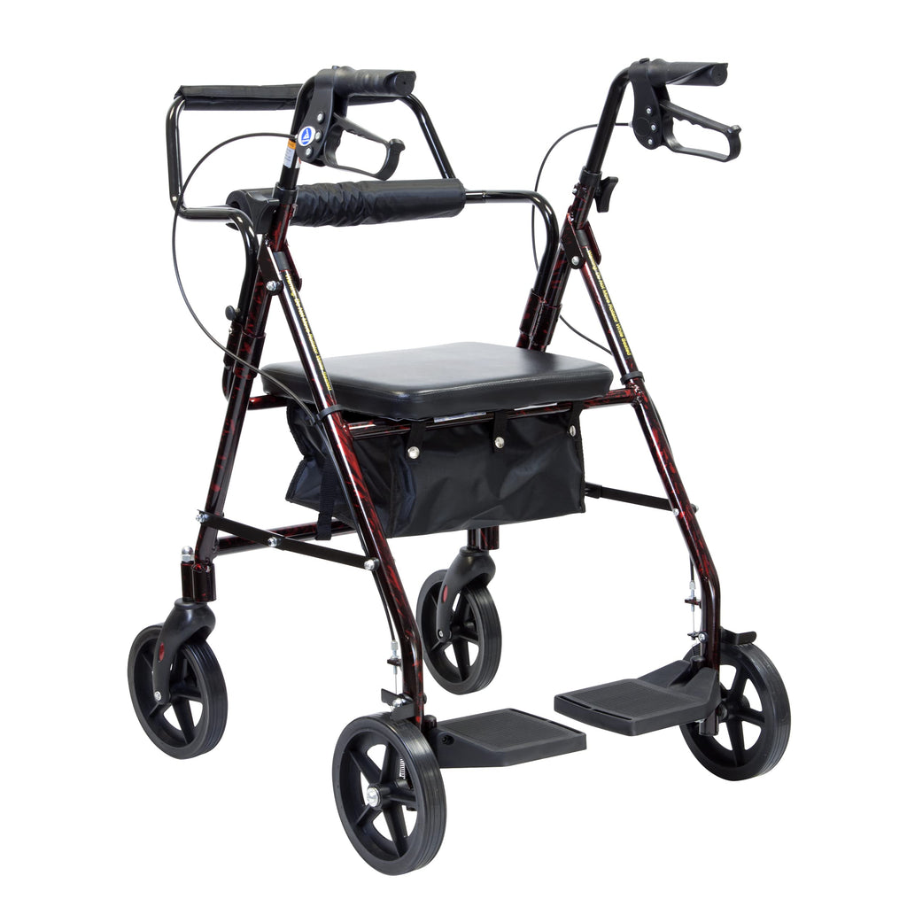 4 Wheel Rollator and Transport Wheelchair with Fold-Down Footrests, Red Frame Y77074