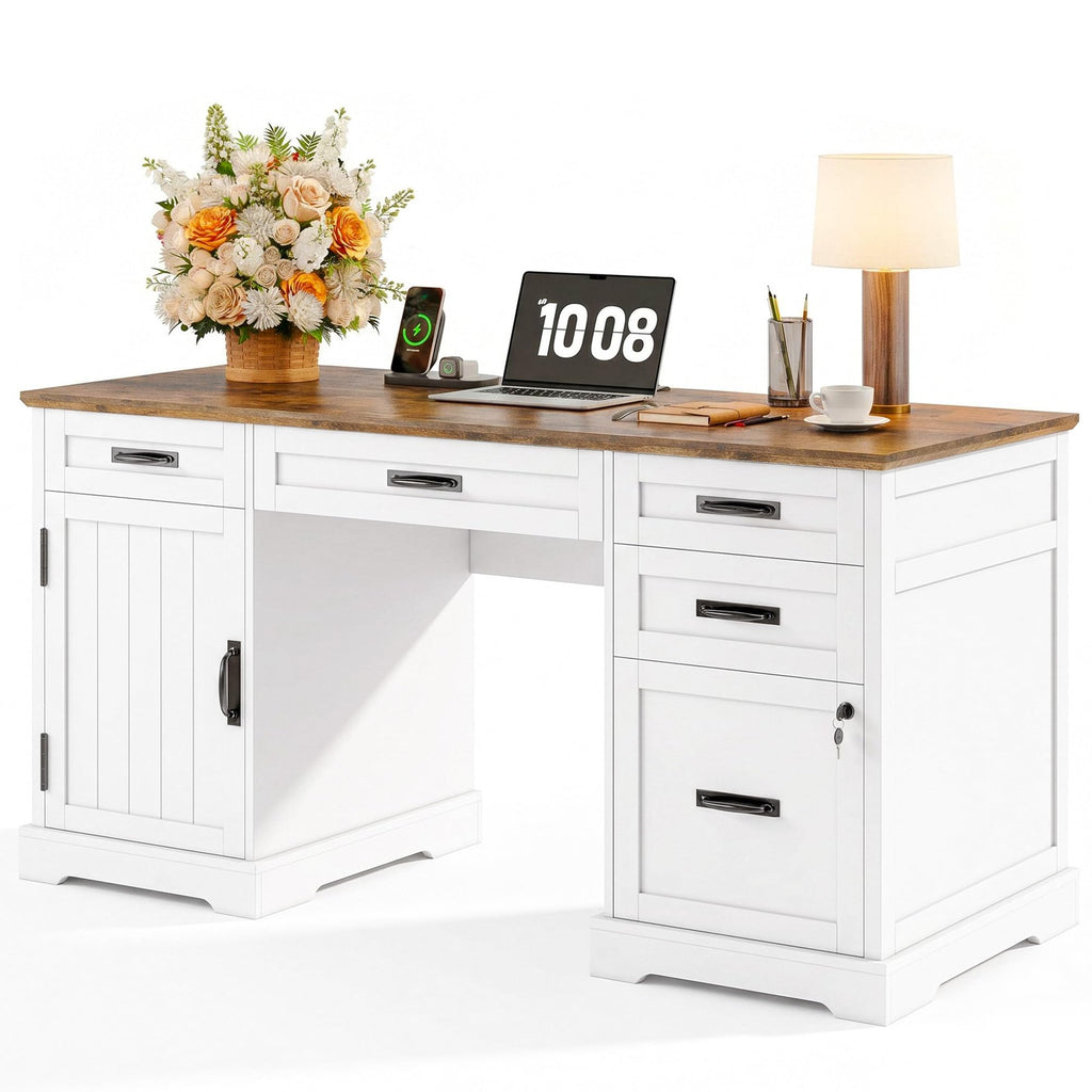 55'' White Farmhouse Desk with Drawers B96186