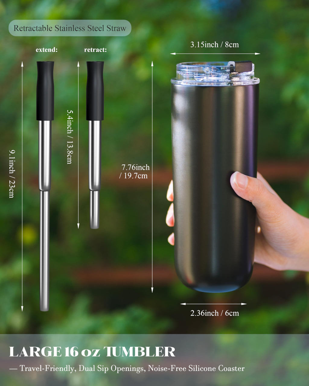 16 oz Insulated Stainless Steel Tumbler with Straw and Lid M9512