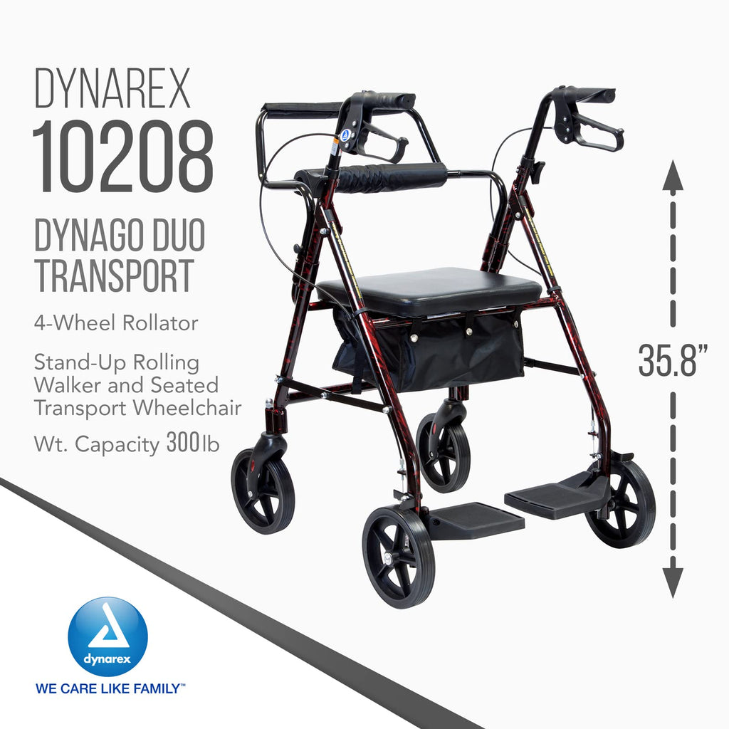 4 Wheel Rollator and Transport Wheelchair with Fold-Down Footrests, Red Frame Y77074