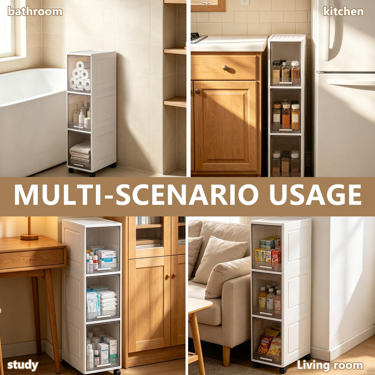 Narrow 3 Tier Bathroom Storage Cabinet with Wheels Q95094