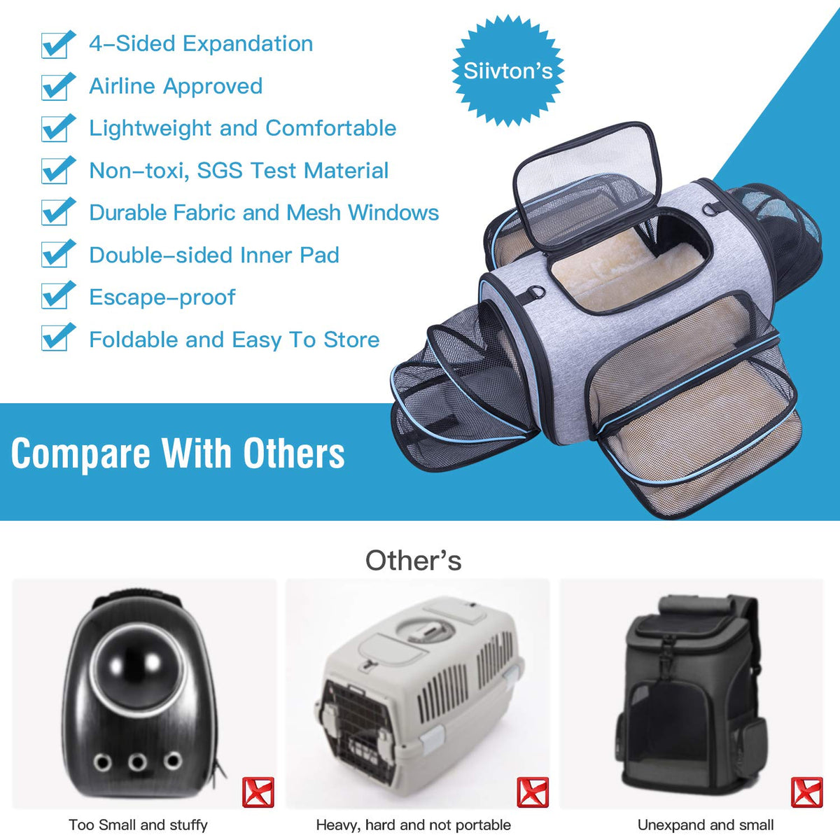Airline Approved Expandable Soft Sided Pet Carrier with Fleece Pad Y84495