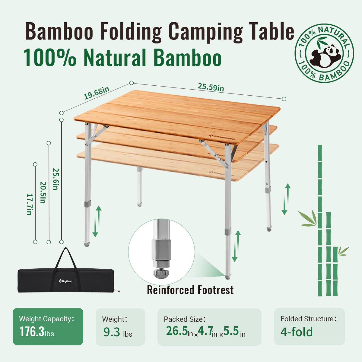 Folding Camping Table Bamboo Adjustable Portable Table U454804