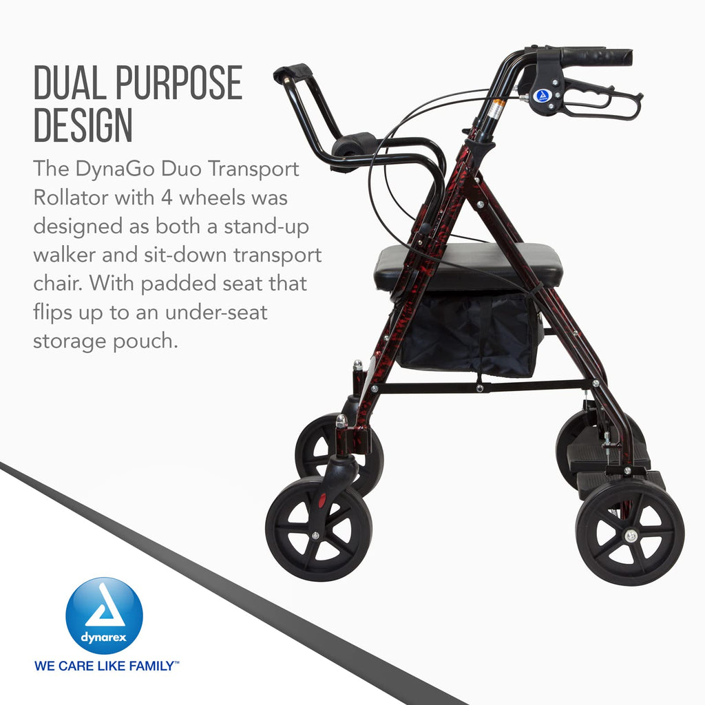 4 Wheel Rollator and Transport Wheelchair with Fold-Down Footrests, Red Frame Y77074