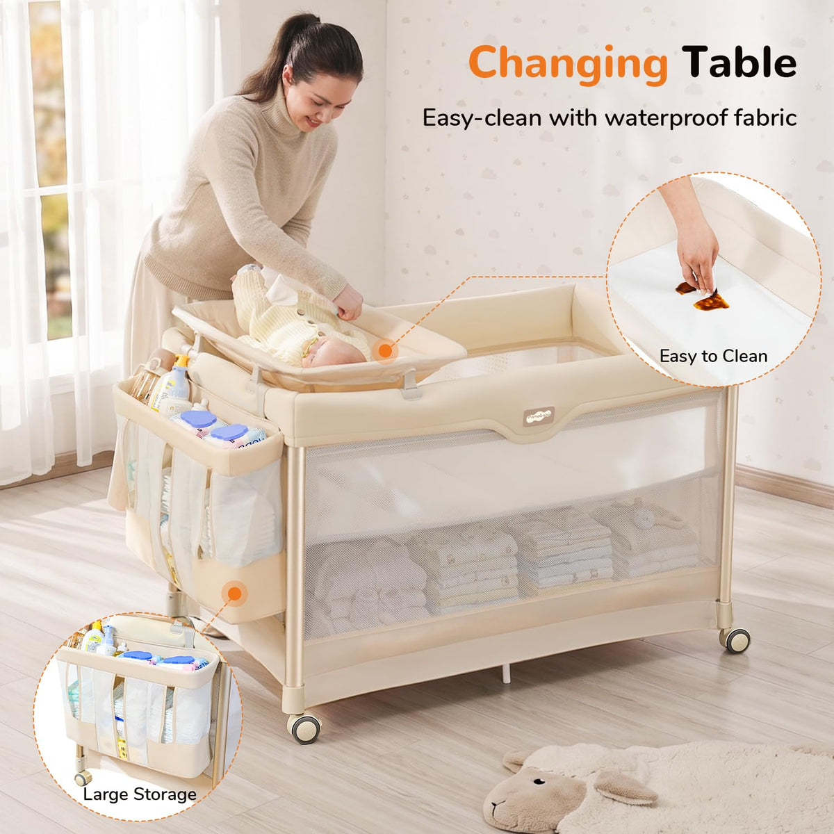 6-in-1 Pack and Play with Bassinet, Portable Playard, Travel Crib with Mattress, Changing Table, Storage Bag & 4 Wheels (Beige) E749358