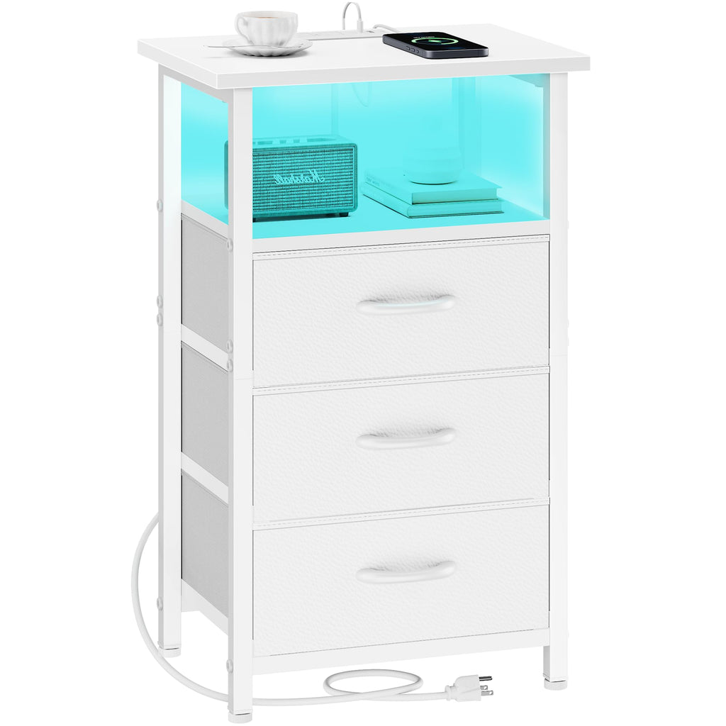 White Nightstand with Charging Station and 3 Fabric Drawers Q3065
