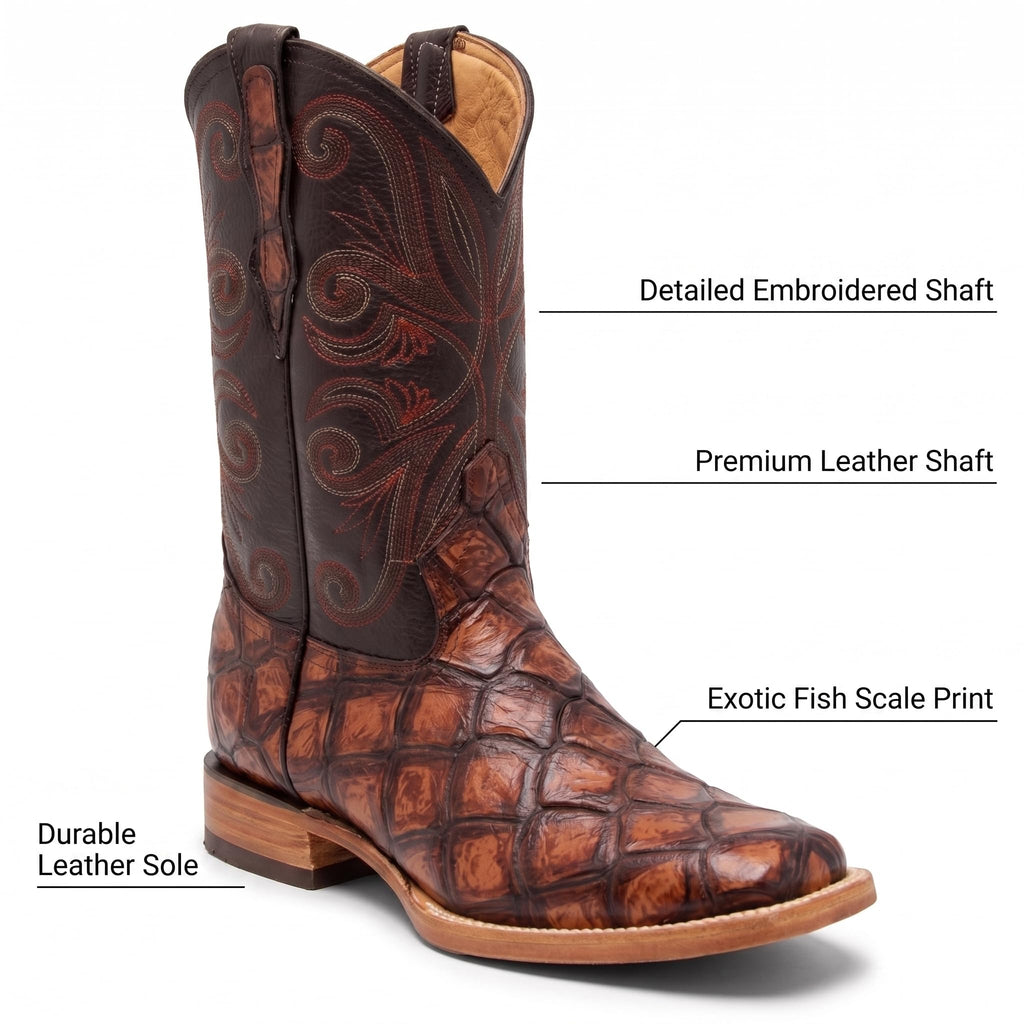 Leather Pirarucu Fish Print Western Boots Y97134