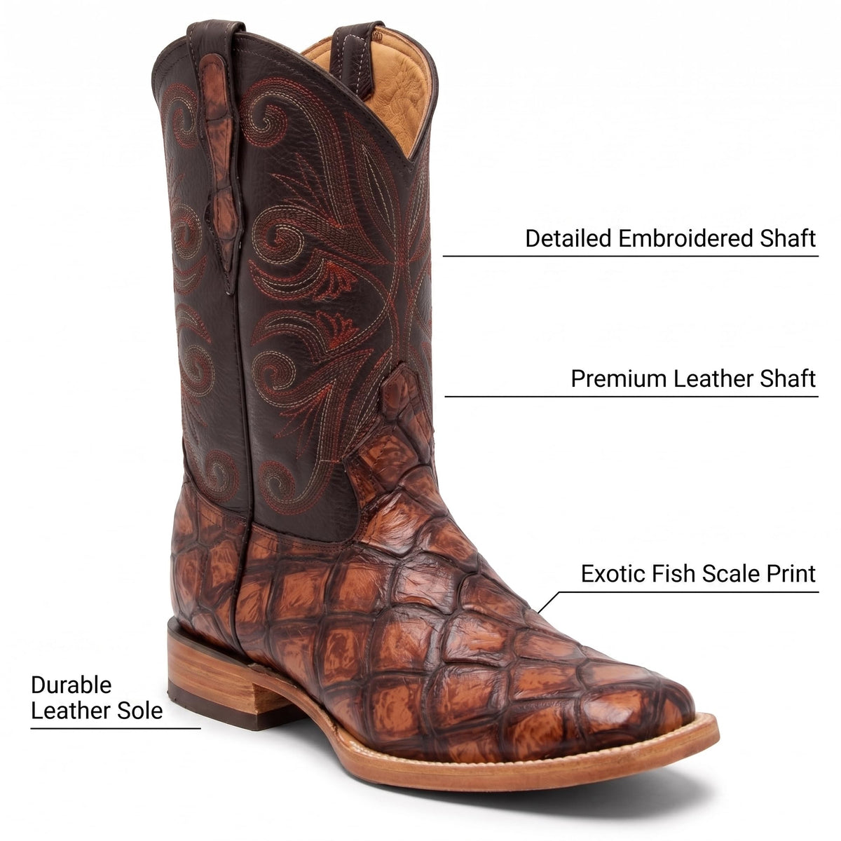 Leather Pirarucu Fish Print Western Boots Y97134