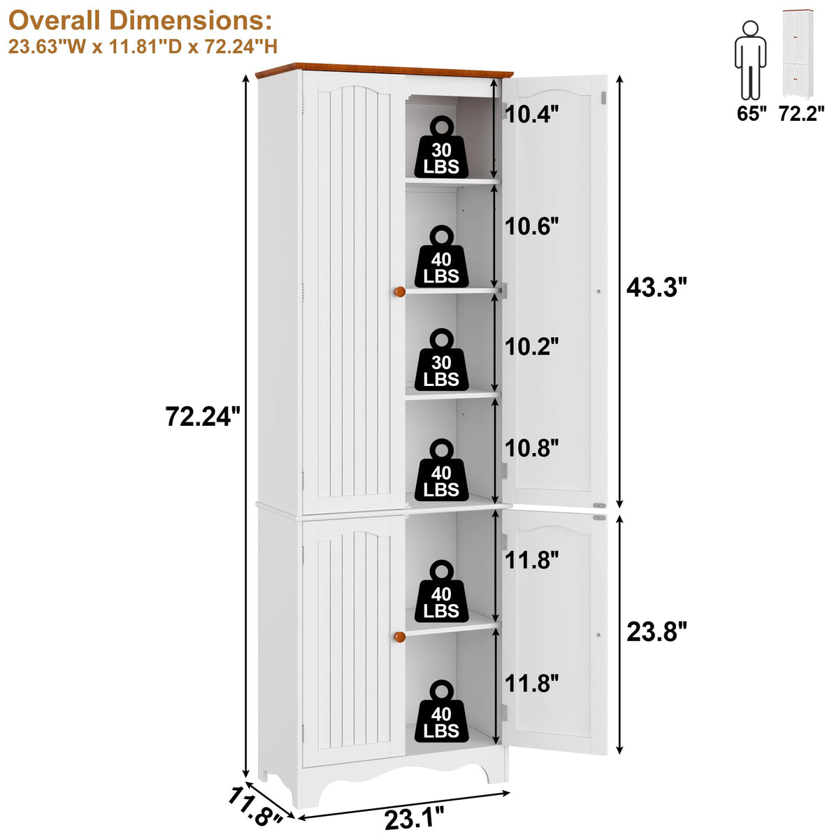 White 72" Kitchen Pantry Cabinet with Doors and Adjustable Shelves R862