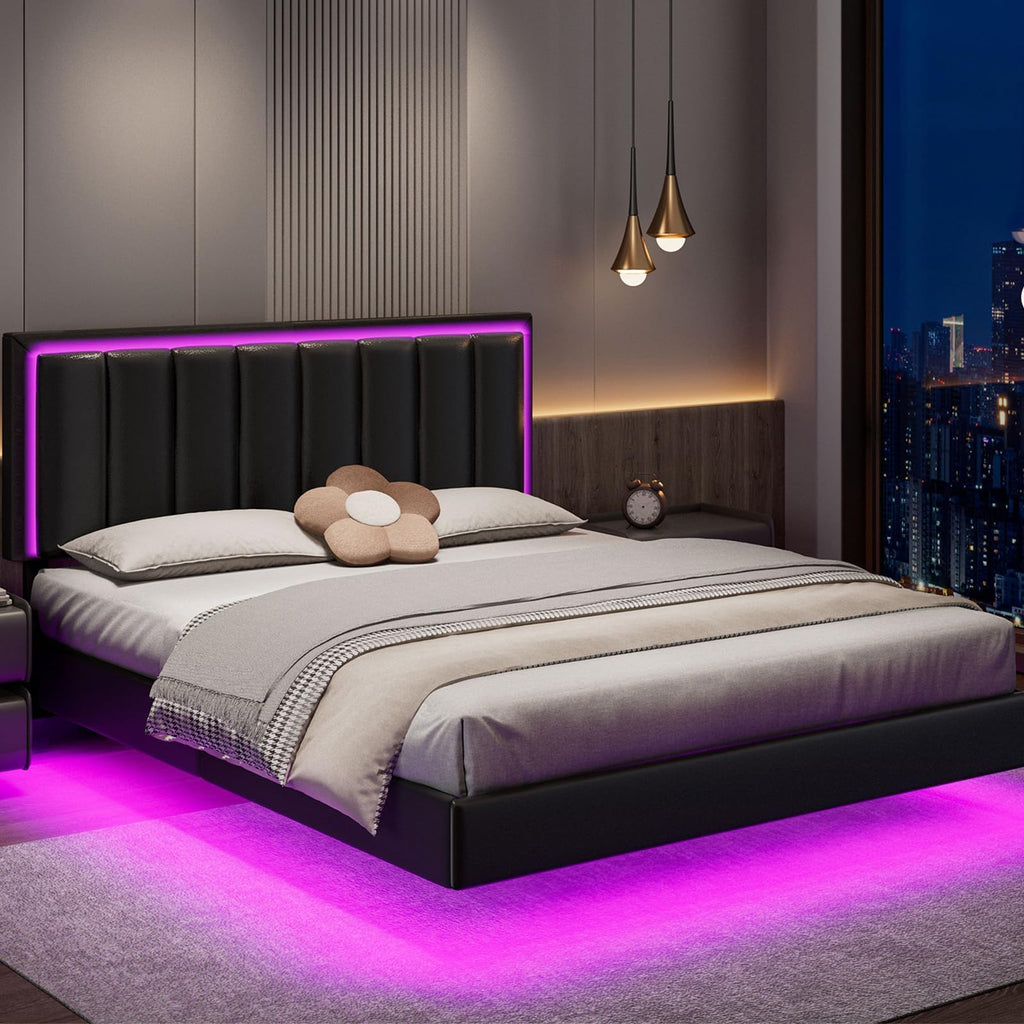 Black Full Size Floating Bed Frame with LED Lights B99623