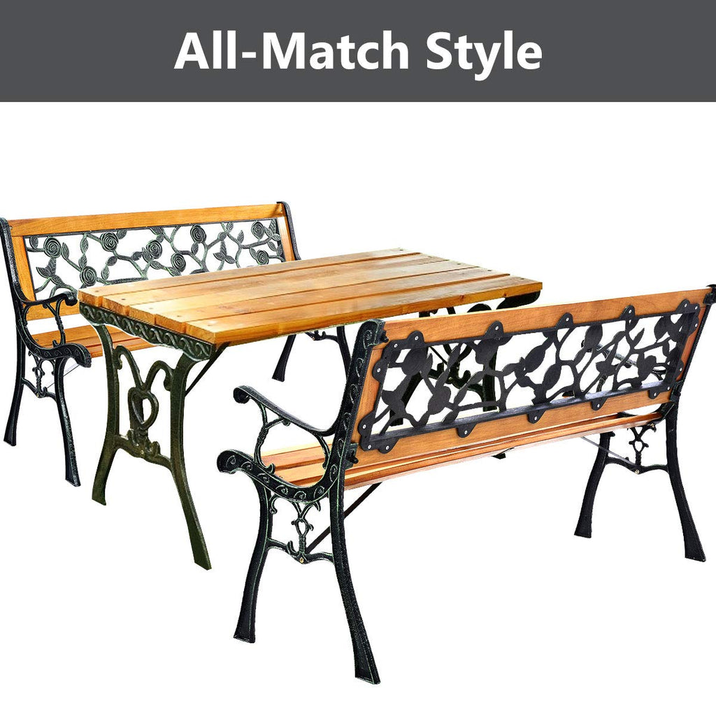 Outdoor Garden Bench with Rose Cast Backrest and Metal Legs K458