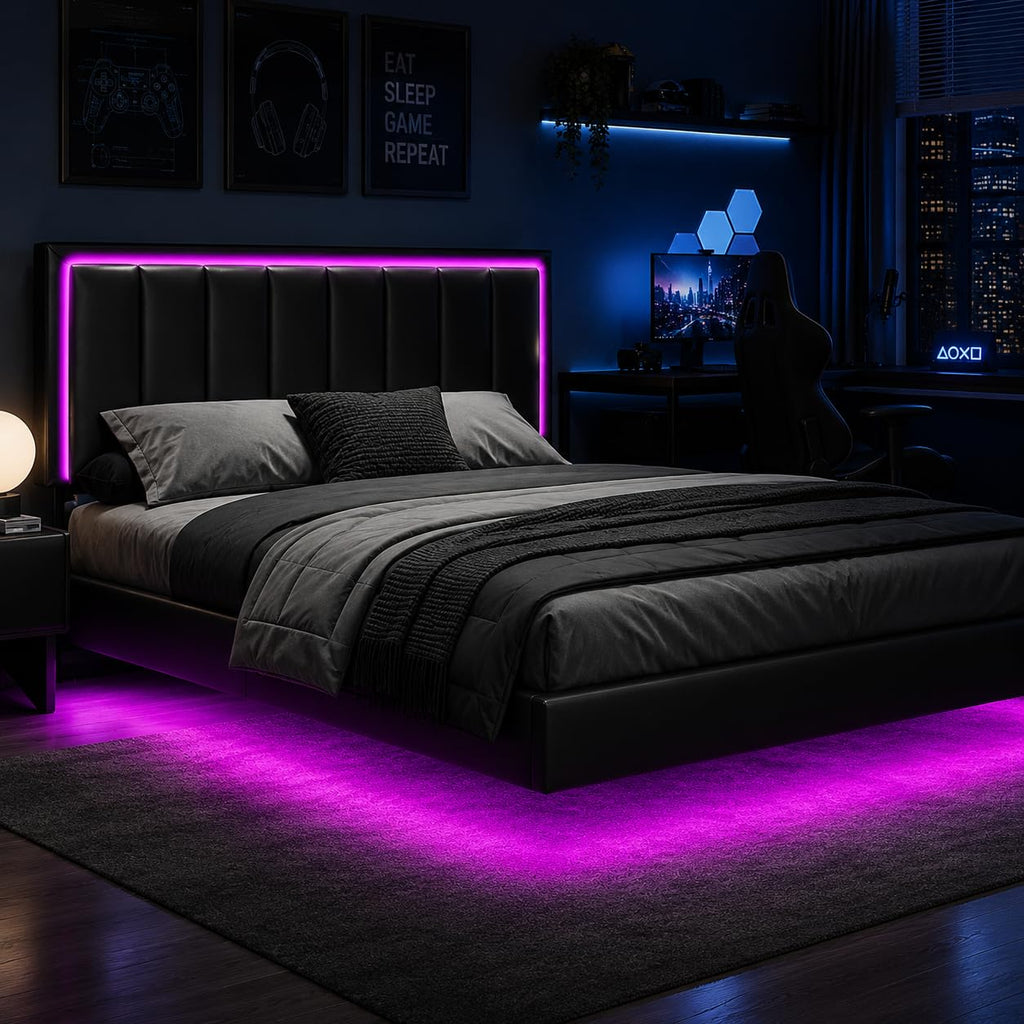 Black Full Size Floating Bed Frame with LED Lights B99623