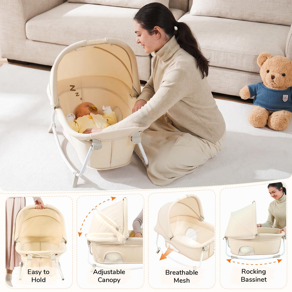 6-in-1 Pack and Play with Bassinet, Portable Playard, Travel Crib with Mattress, Changing Table, Storage Bag & 4 Wheels (Beige) E749358