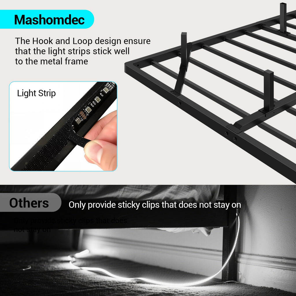 Full Size Metal Platform Bed Frame with LED Lights & Charging Station U8058