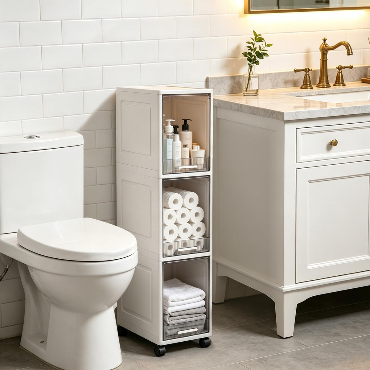 Narrow 3 Tier Bathroom Storage Cabinet with Wheels Q95094