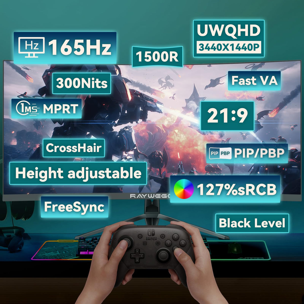 34 Inch Curved Ultrawide Gaming Monitor, UWQHD 165Hz, 1500R H627