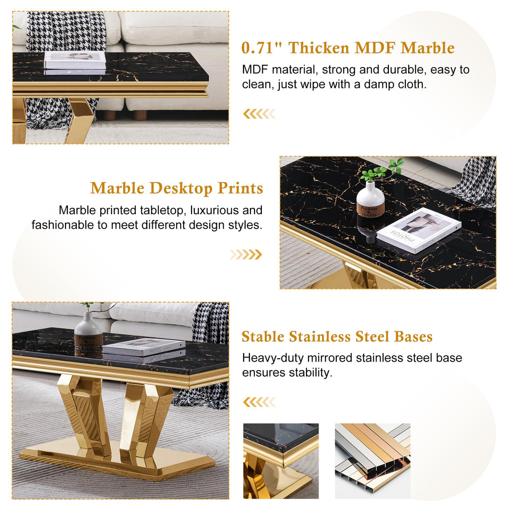 47" Faux Marble Rectangular Coffee Table with Mirrored Finish Stainless Steel Base N900