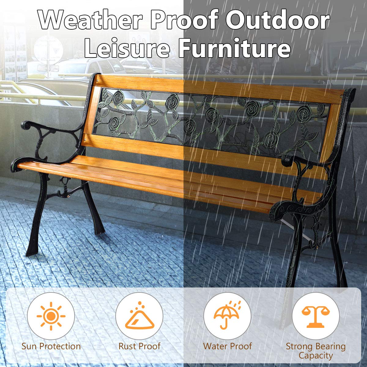 Outdoor Garden Bench with Rose Cast Backrest and Metal Legs K458