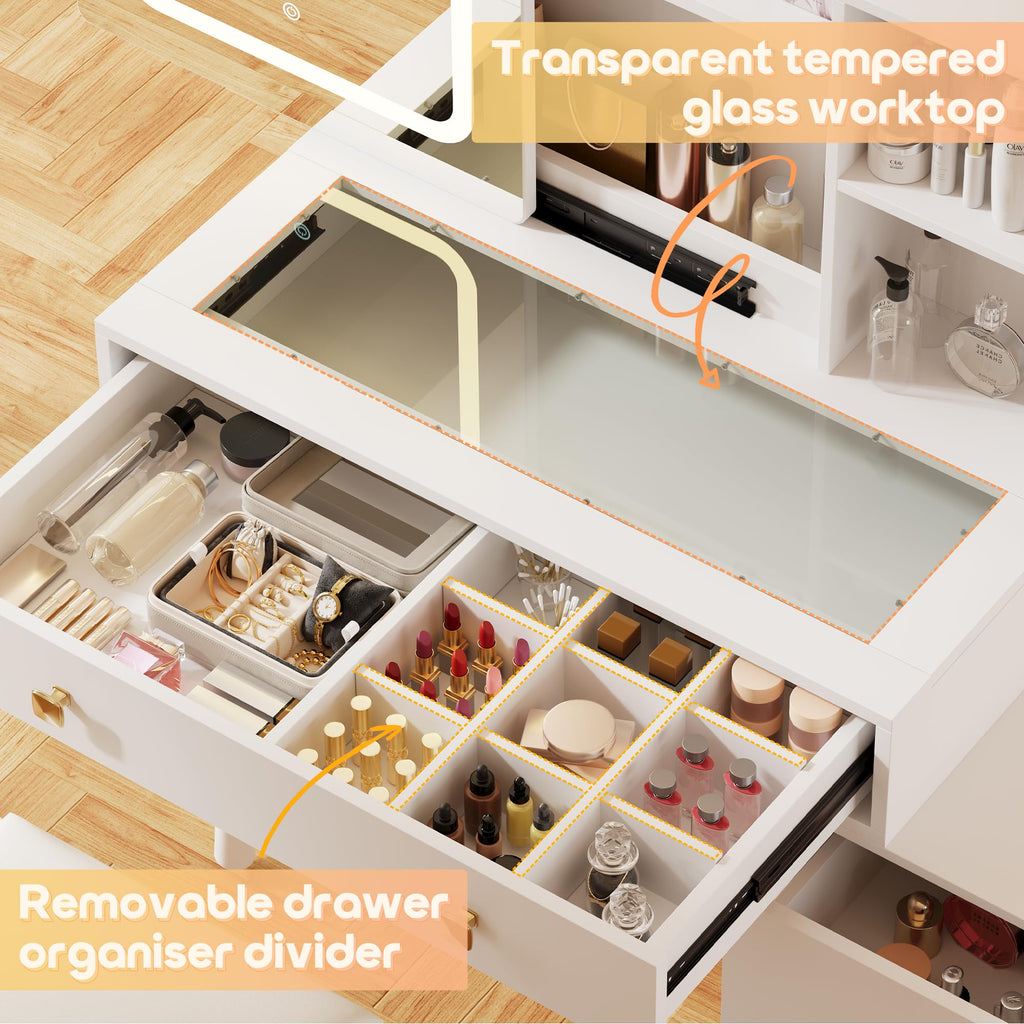White Vanity Desk with Sliding Mirror and Lights, 4 Drawers, Stool P19857