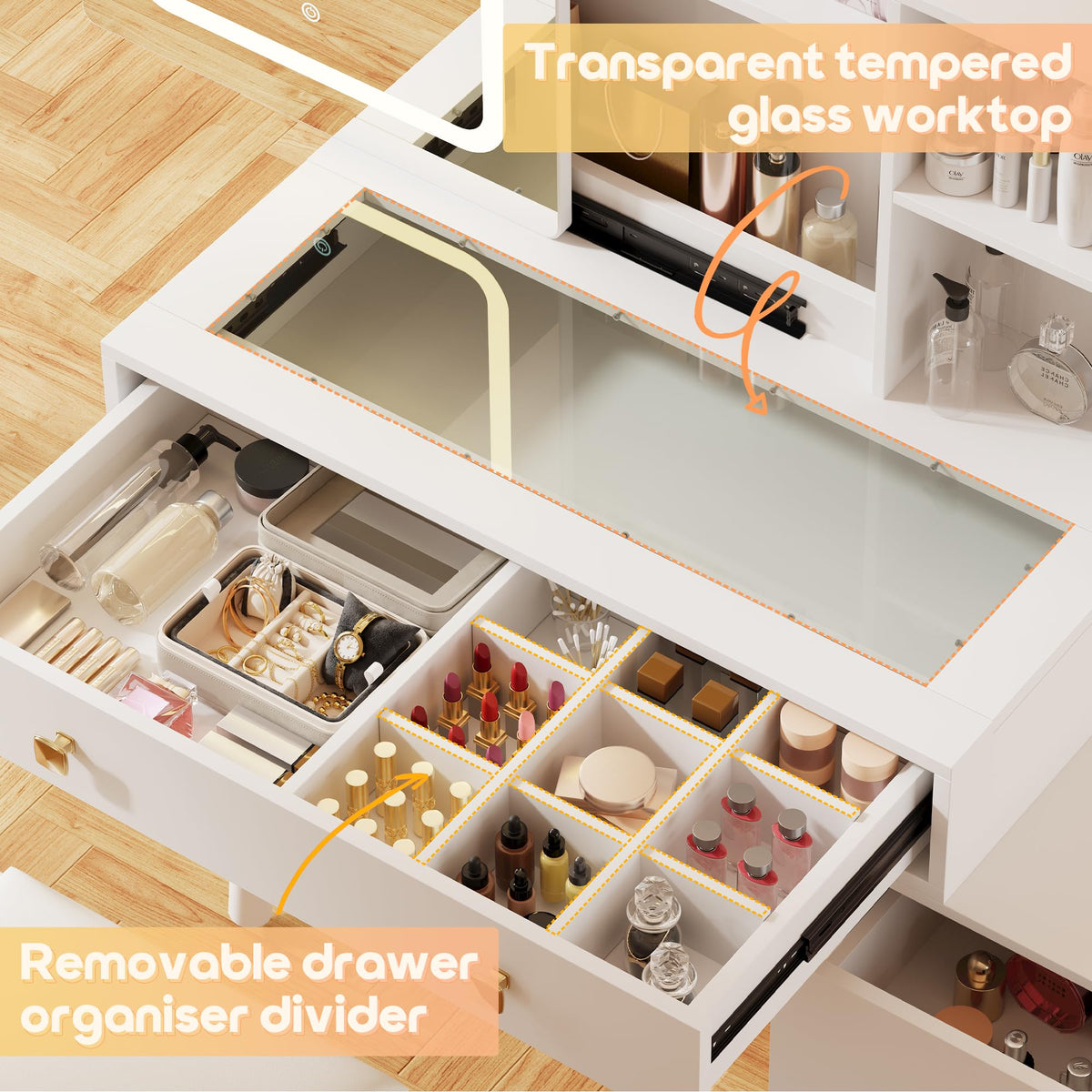 White Vanity Desk with Sliding Mirror and Lights, 4 Drawers, Stool P19857