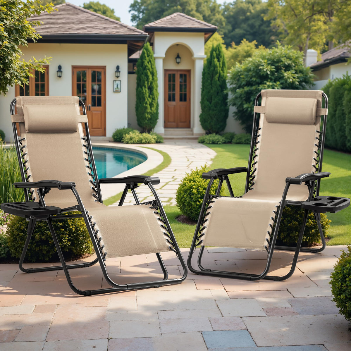 Set of 2 Beige Adjustable Steel Mesh Lounge Chairs with Cup Holder U584