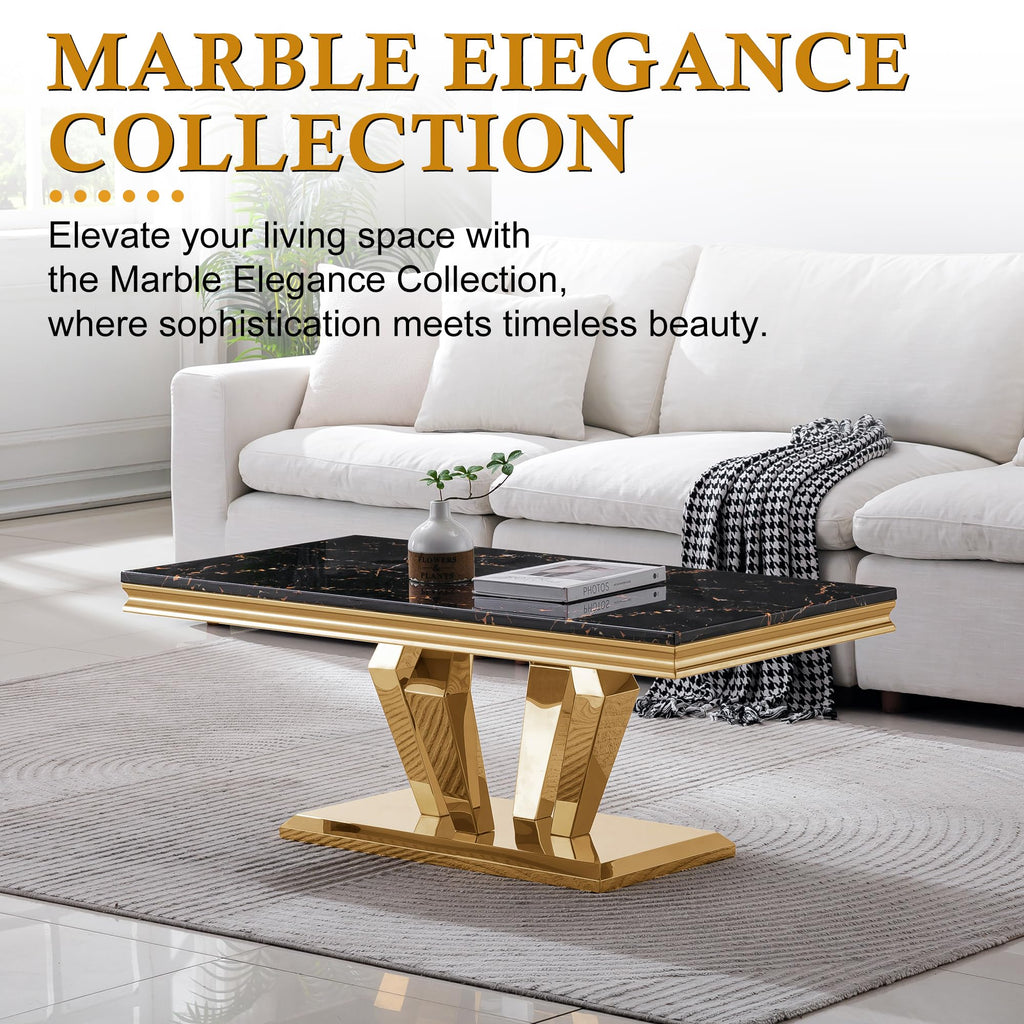 47" Faux Marble Rectangular Coffee Table with Mirrored Finish Stainless Steel Base N900