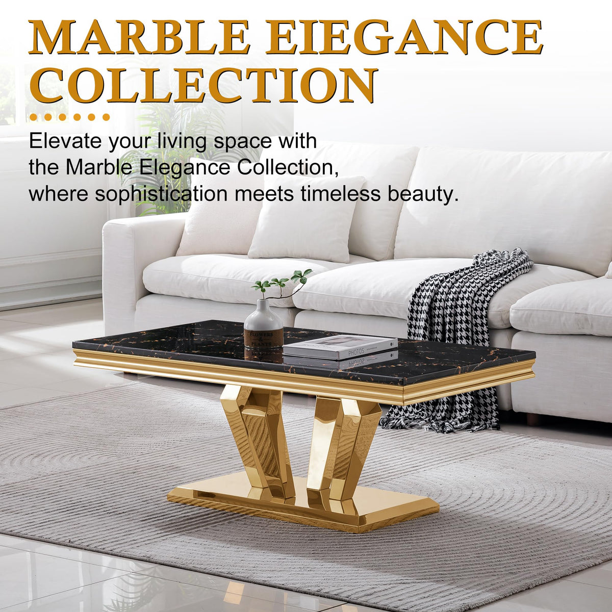 47" Faux Marble Rectangular Coffee Table with Mirrored Finish Stainless Steel Base N900
