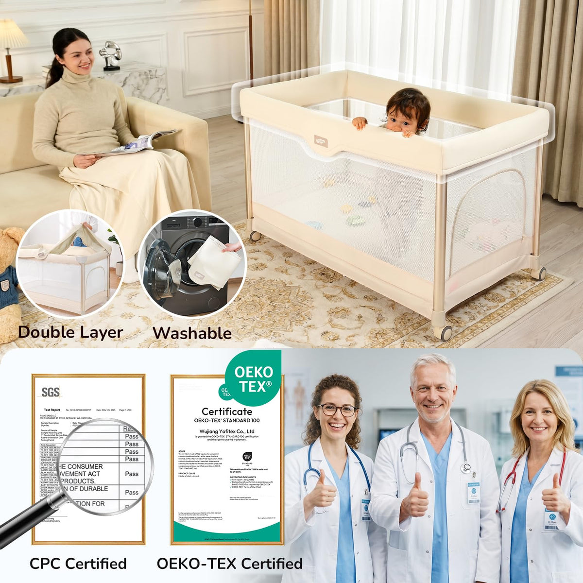 6-in-1 Pack and Play with Bassinet, Portable Playard, Travel Crib with Mattress, Changing Table, Storage Bag & 4 Wheels (Beige) E749358
