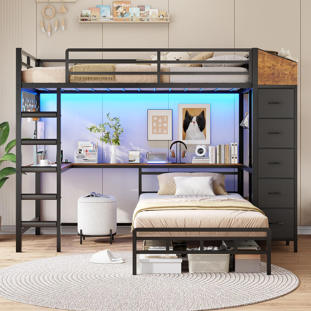 Black L-Shaped Bunk Bed with Desk and Stairs P137