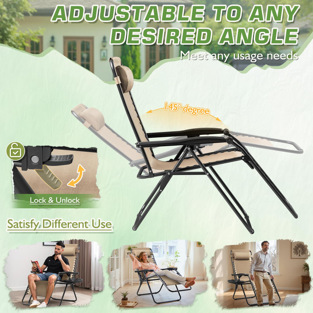 Set of 2 Beige Adjustable Steel Mesh Lounge Chairs with Cup Holder U584