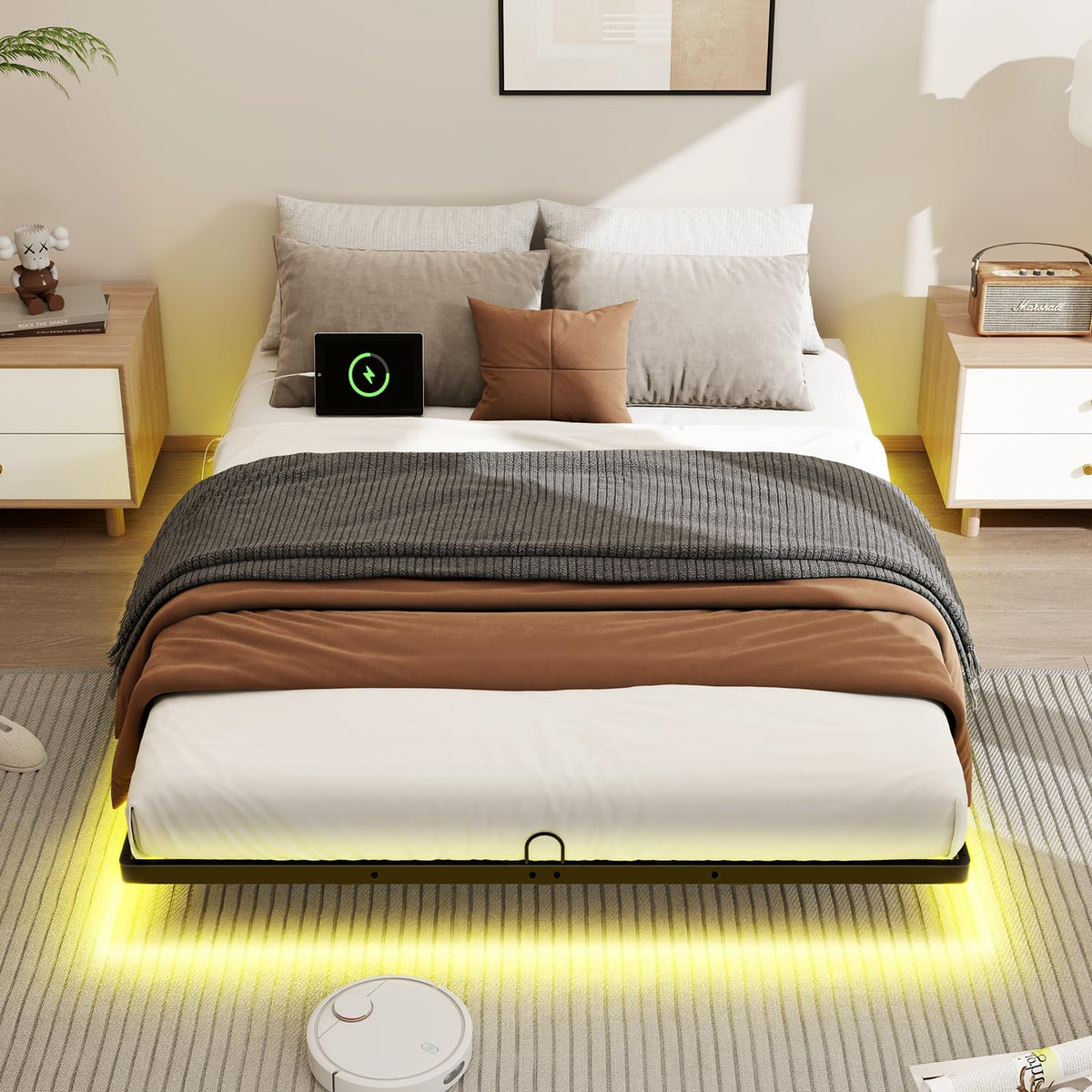 Full Size Metal Platform Bed Frame with LED Lights & Charging Station U8058