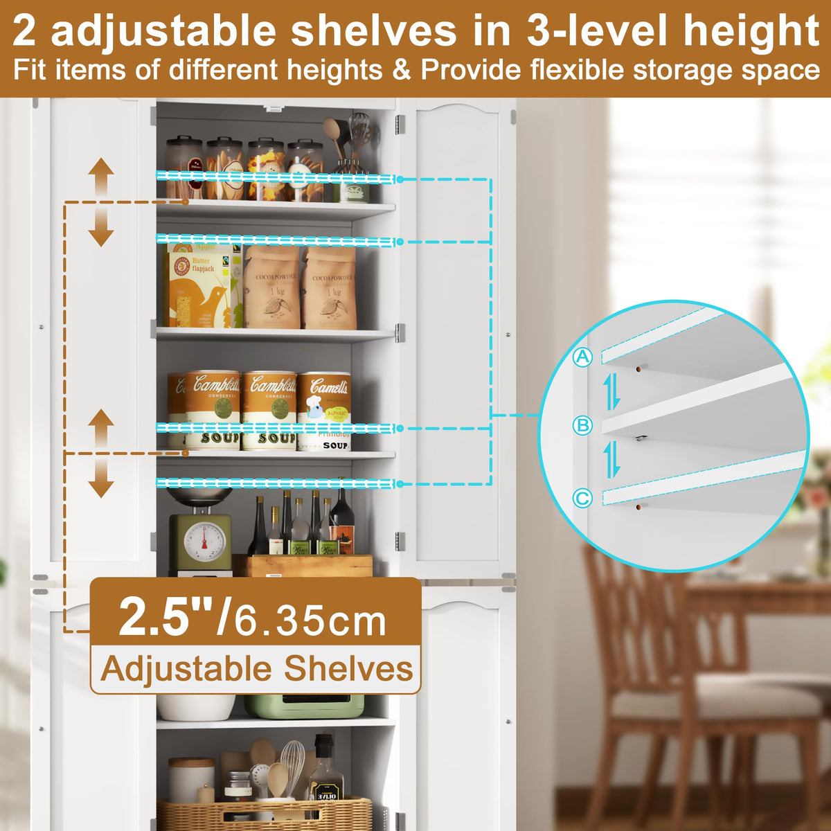 White 72" Kitchen Pantry Cabinet with Doors and Adjustable Shelves R862