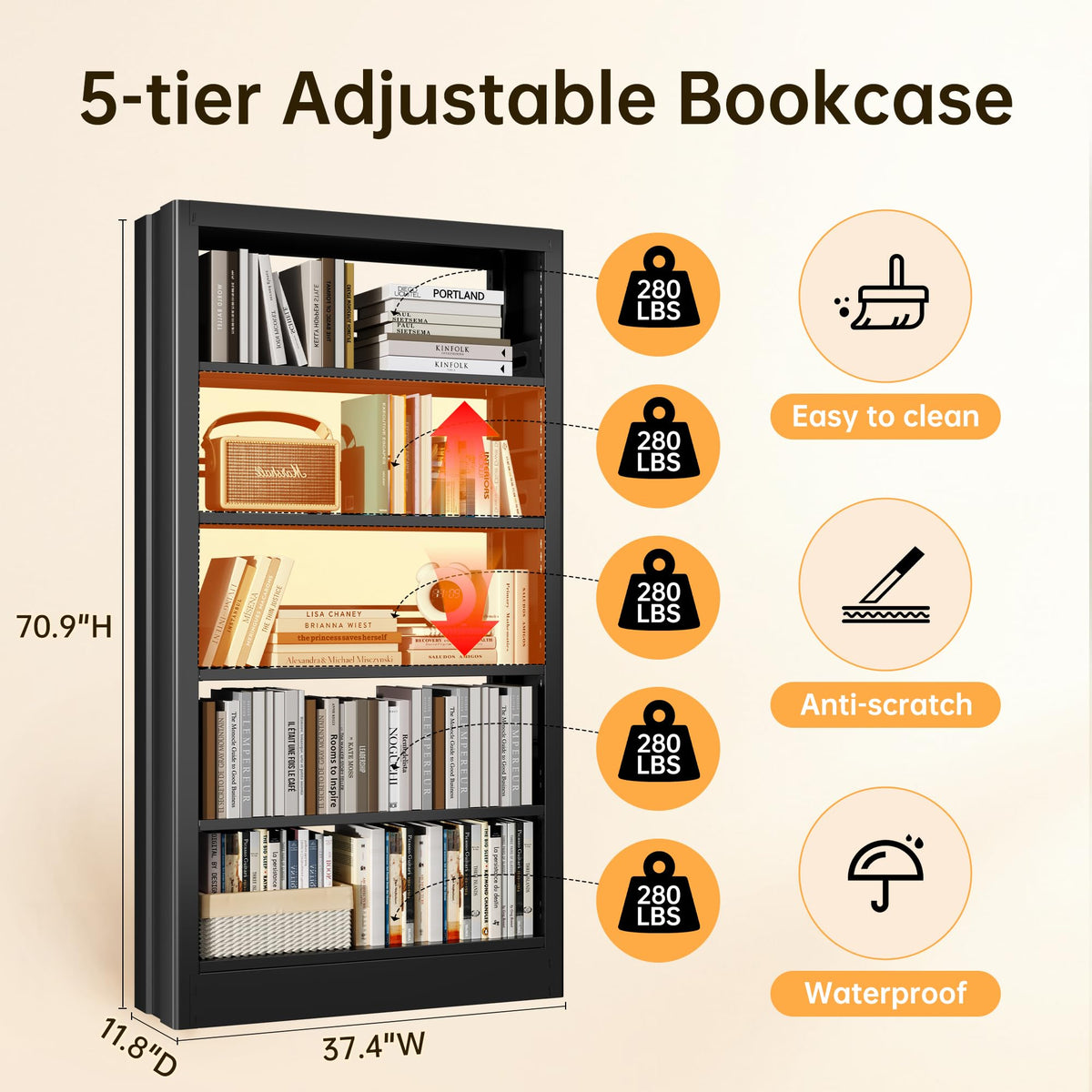 Black 5-Tier Metal Bookcase with Adjustable Shelves F239234