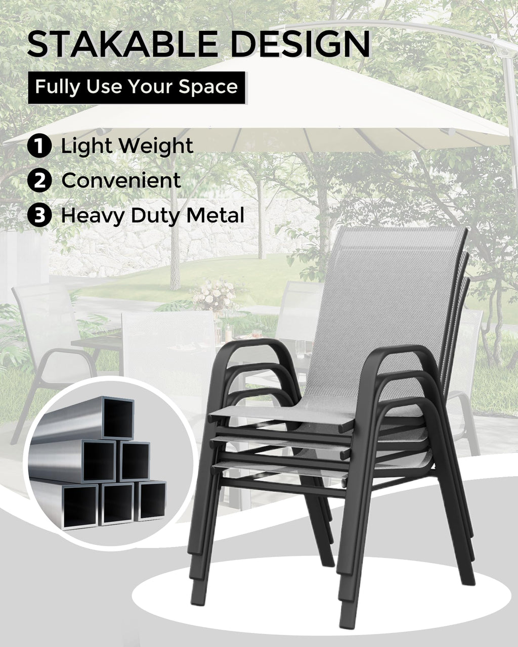 Stackable Outdoor Dining Chairs Set of 4 Textilene Fabric Metal Frame Grey L64313