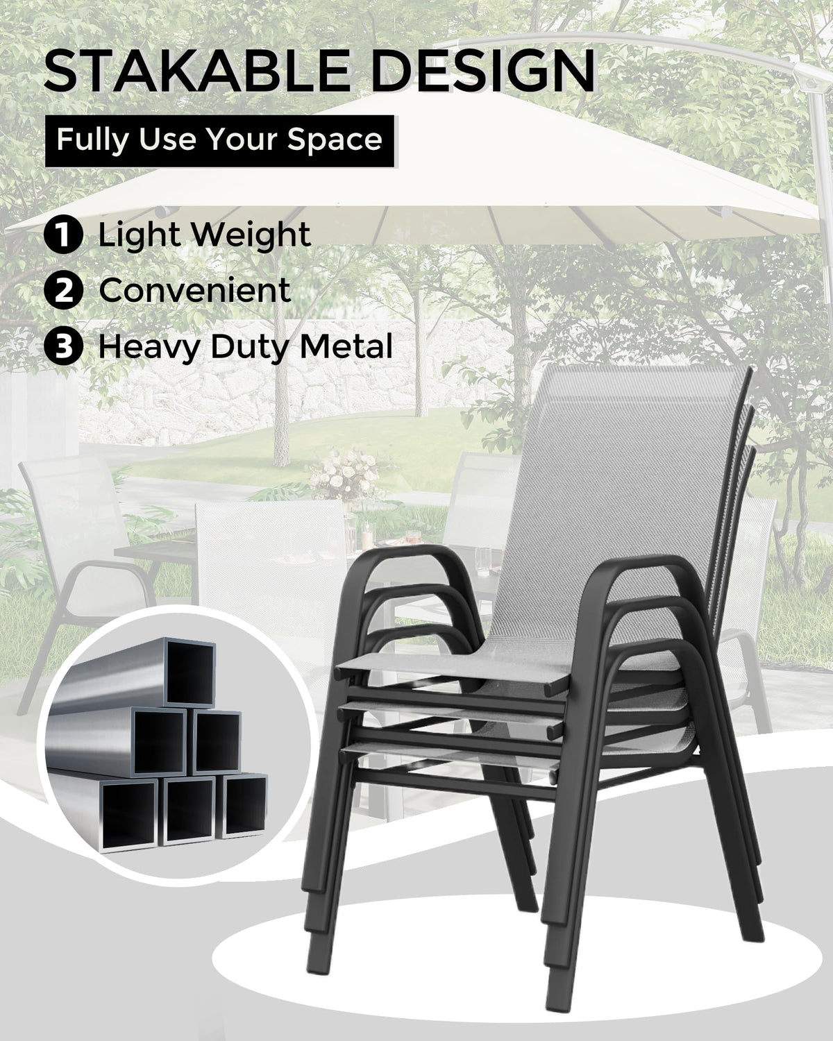 Stackable Outdoor Dining Chairs Set of 4 Textilene Fabric Metal Frame Grey L64313